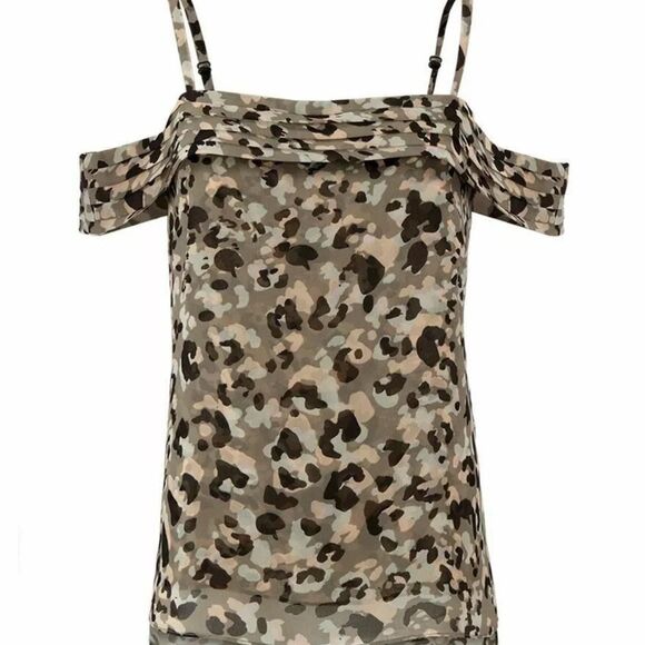 CAbi Style 5360 size small Tiered Camouflage Leopard Print Cold Shoulder Top - Picture 2 of 8